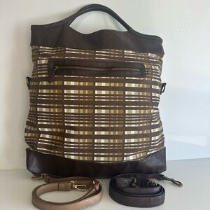 Large Brown/Cream Plaid Tote/Purse with 2 detachable straps.Fabric/faux leather.